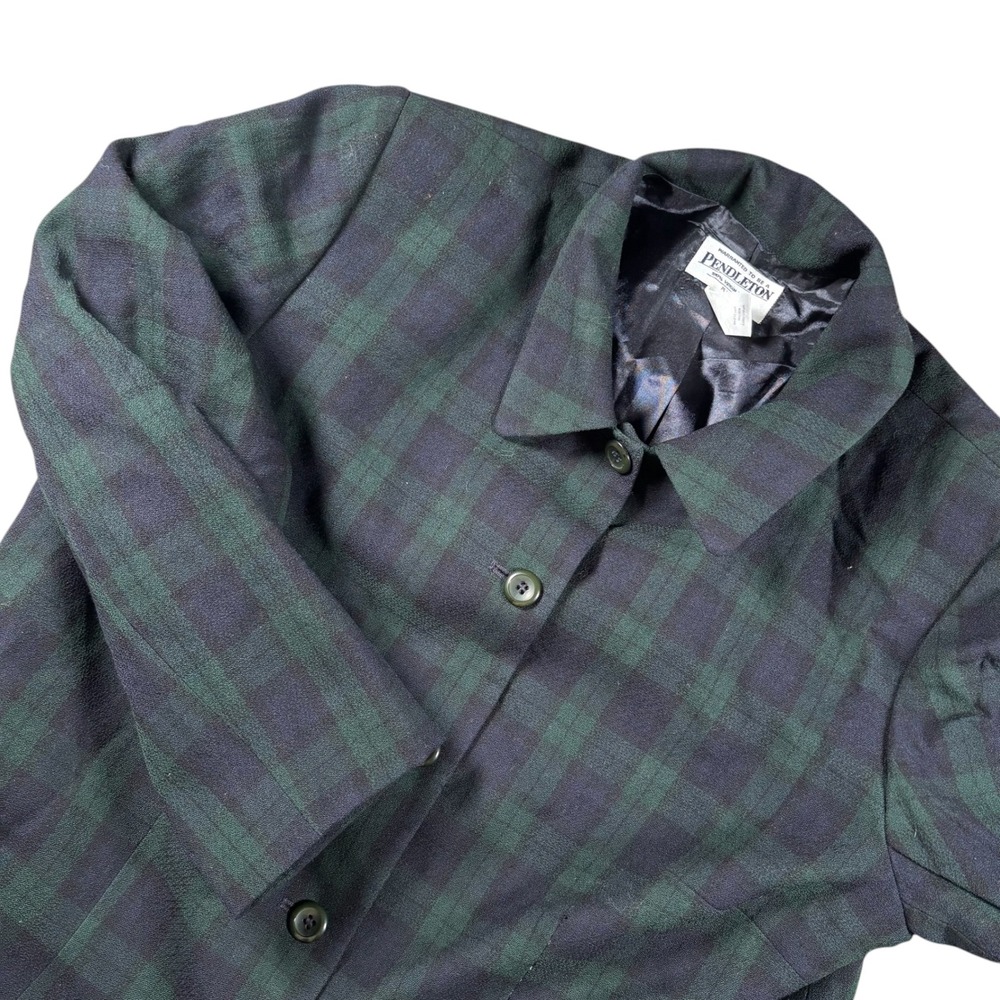 Vtg Women's Pendleton 100% Virgin Wool  Green & Navy Plaid Jacket Size 14W